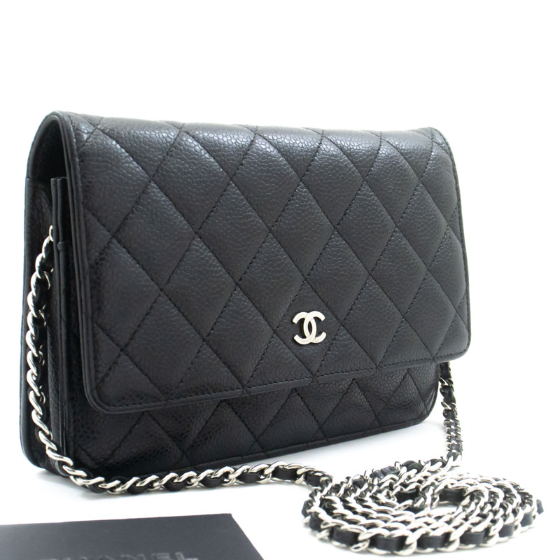 【日本直送】香奈兒粒面小牛皮鏈錢包 WOC 黑色單肩背包-0