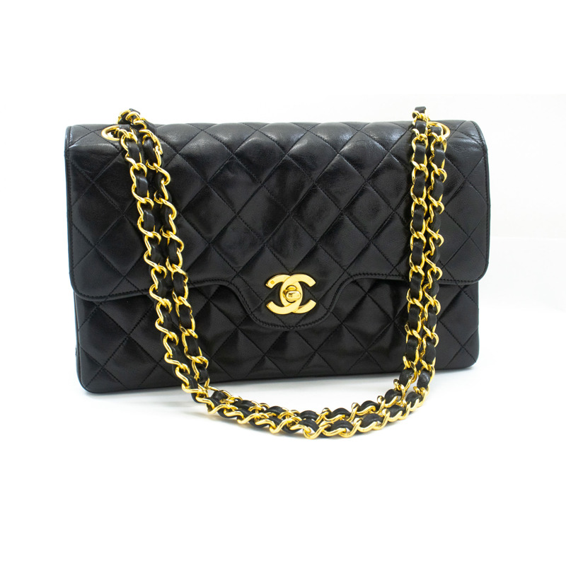 【日本直送】香奈兒經典雙蓋鏈條肩背包 黑色小羊皮菱格紋-1