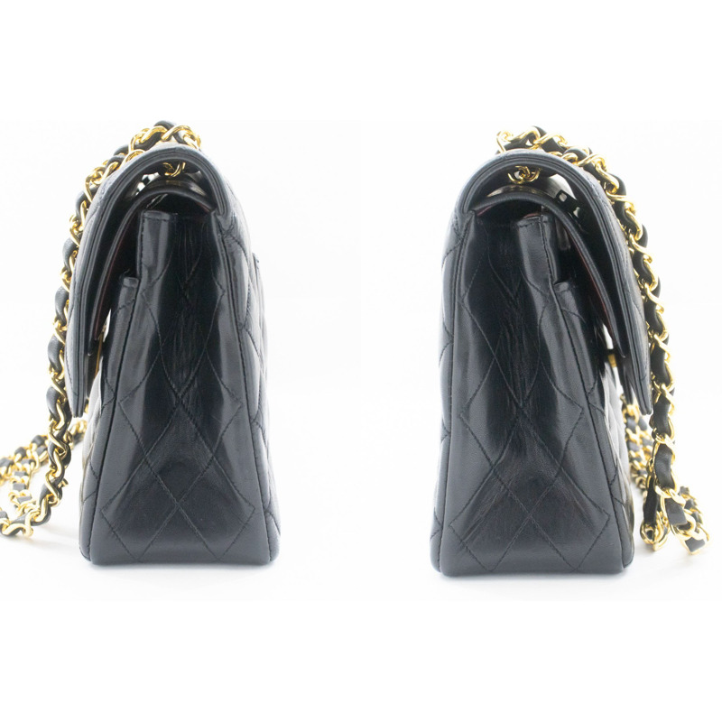 【日本直送】香奈兒經典雙蓋鏈條肩背包 黑色小羊皮菱格紋-4