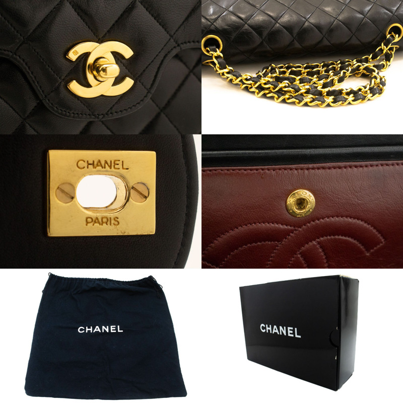 【日本直送】香奈兒經典雙蓋鏈條肩背包 黑色小羊皮菱格紋-6