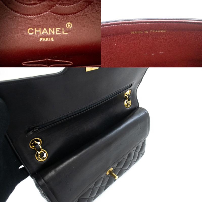 【日本直送】香奈兒經典雙蓋鏈條肩背包 黑色小羊皮菱格紋-7