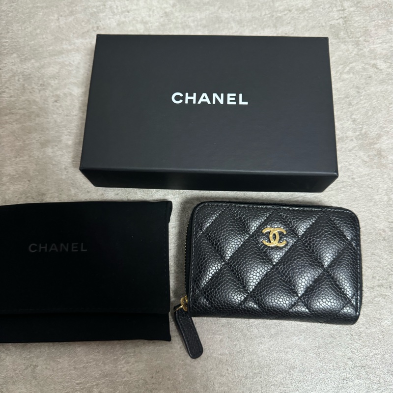 正品 Chanel 經典黑金拉鍊零錢包-0