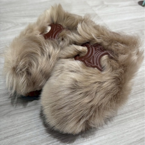 CELINE 棕色長毛凱旋門厚底拖鞋 38號