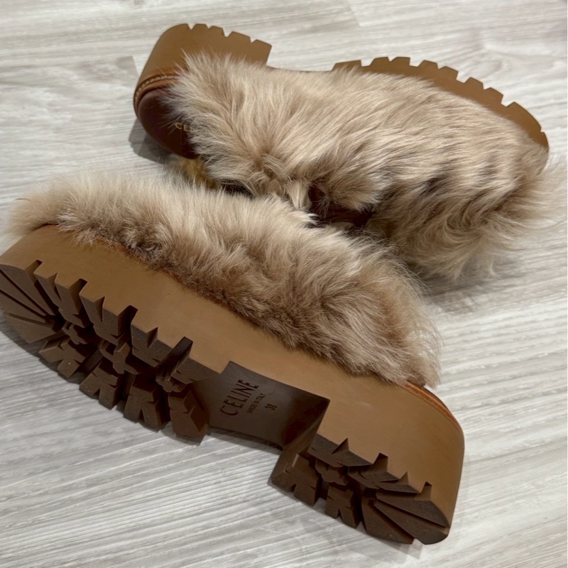 CELINE 棕色長毛凱旋門厚底拖鞋 38號-4