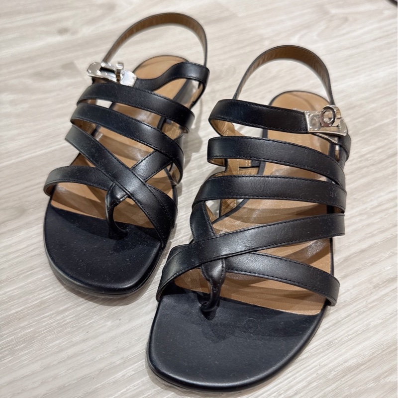 HERMES Kelly釦人字羅馬涼鞋 36號 貼底-1