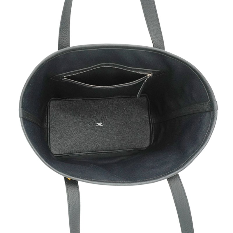 Hermes Pursangle MM 帆布拚TC皮革手提肩背托特包(黑/焦糖)-4