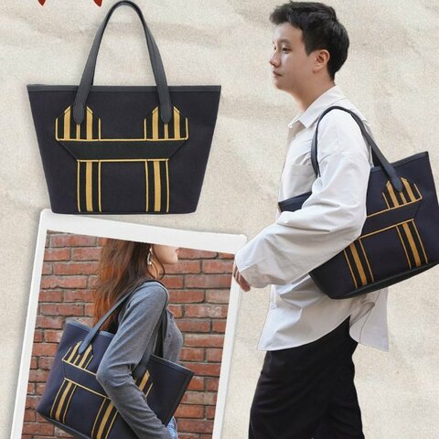 Hermes Pursangle MM 帆布拚TC皮革手提肩背托特包(黑/焦糖)