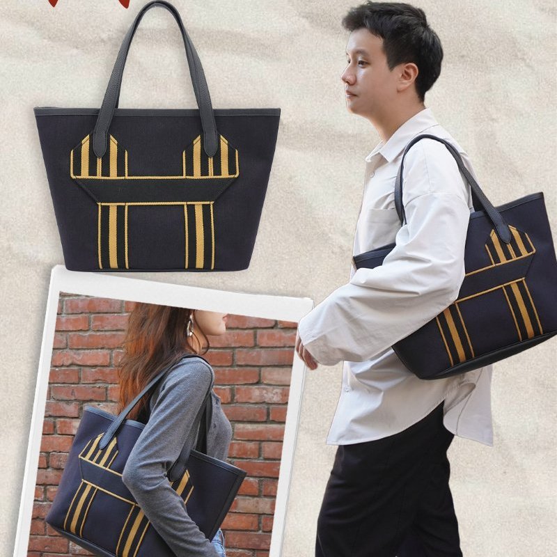 Hermes Pursangle MM 帆布拚TC皮革手提肩背托特包(黑/焦糖)-0