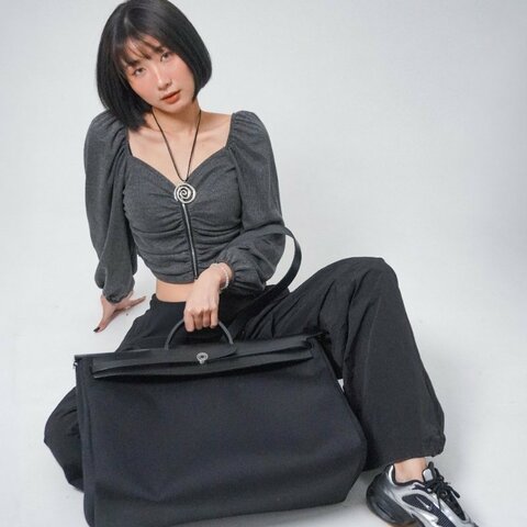 Hermes 展示品 Herbag Zip 50 銀釦帆布手提肩背包(黑)