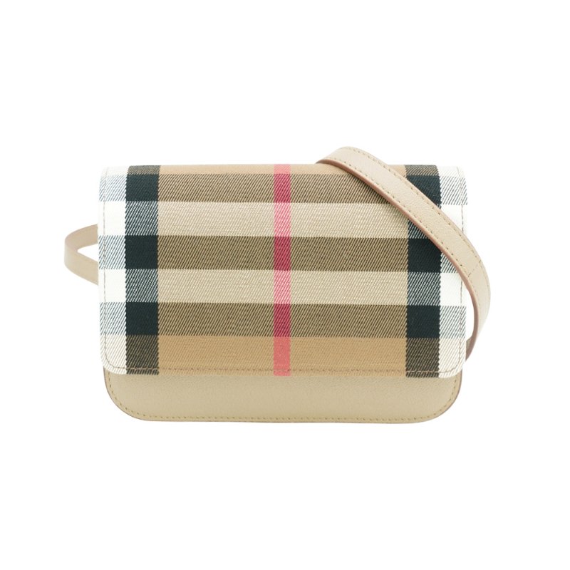 Burberry Madison 格紋帆布拚牛皮翻蓋斜背包(8084494-卡其)-0
