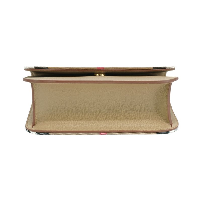 Burberry Madison 格紋帆布拚牛皮翻蓋斜背包(8084494-卡其)-3