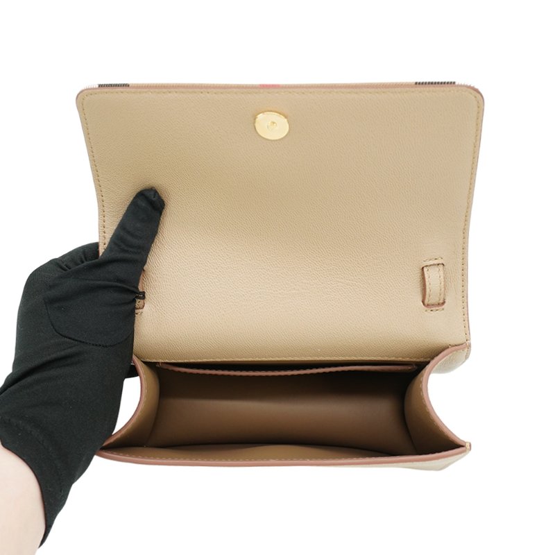 Burberry Madison 格紋帆布拚牛皮翻蓋斜背包(8084494-卡其)-4