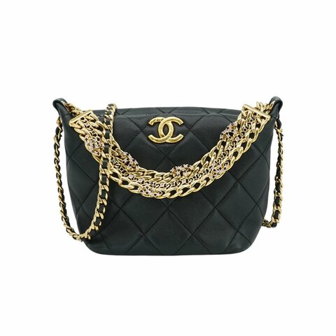 Chanel 展示品 小牛皮短金鍊粉鑽二用包(AS4615-黑)