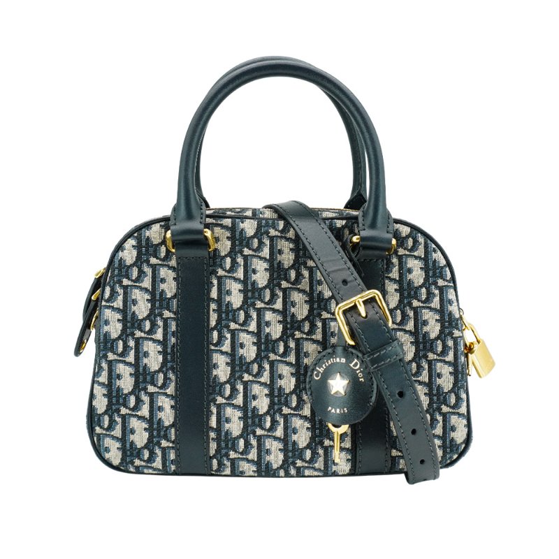 Dior 展示品 D-Vibe 緹花布拼牛皮手提斜背包(藍)-0