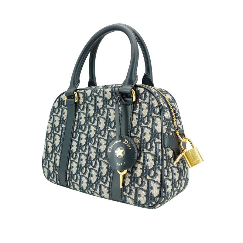 Dior 展示品 D-Vibe 緹花布拼牛皮手提斜背包(藍)-1