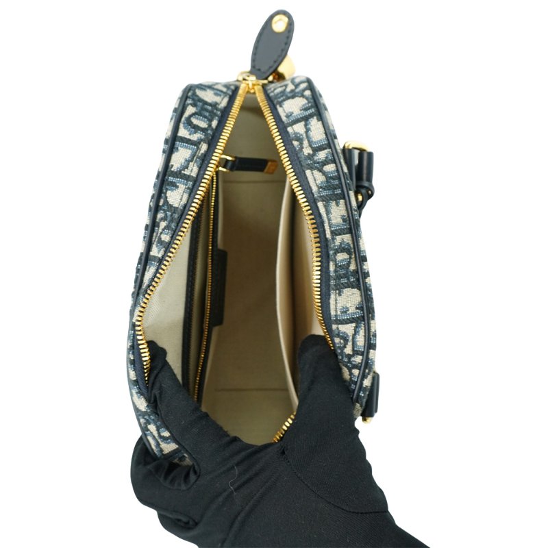 Dior 展示品 D-Vibe 緹花布拼牛皮手提斜背包(藍)-4