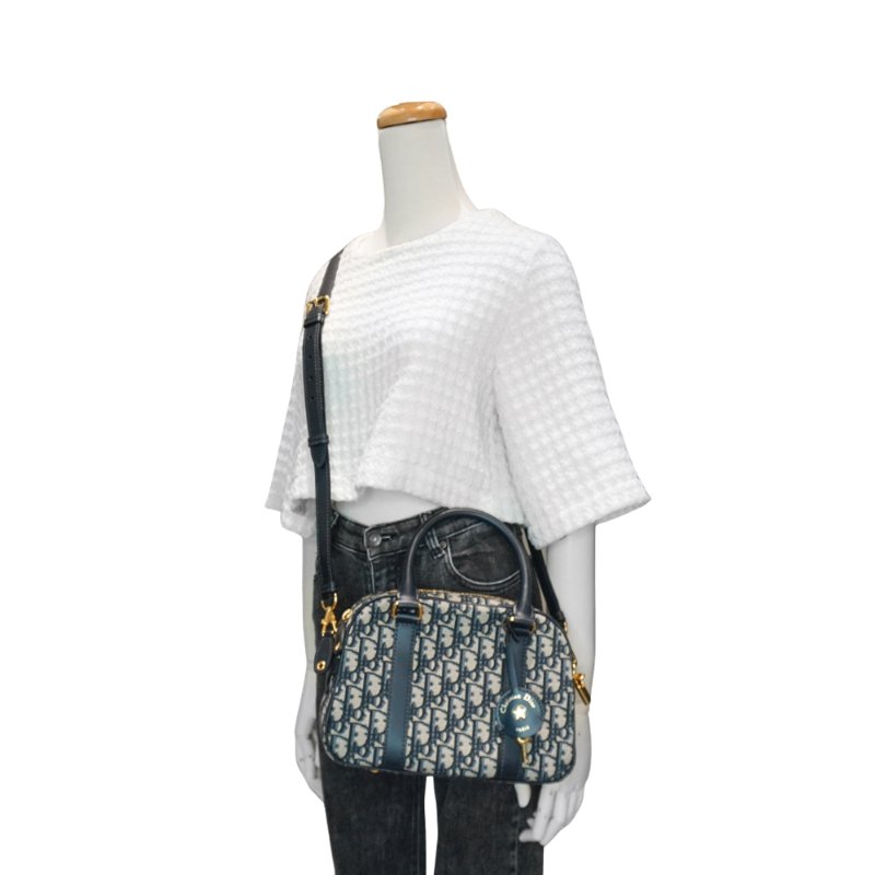 Dior 展示品 D-Vibe 緹花布拼牛皮手提斜背包(藍)-7