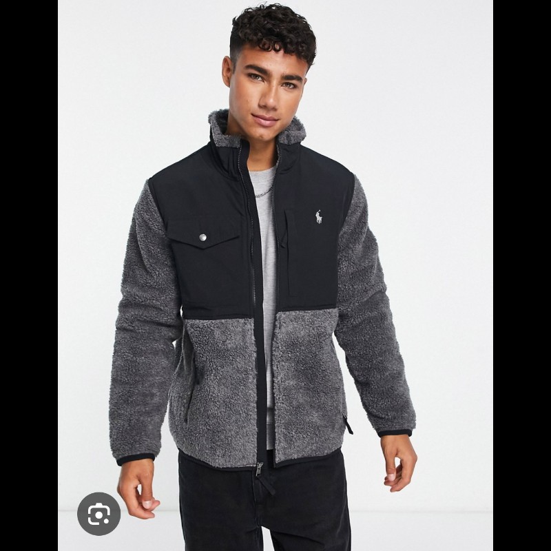 Polo Ralph Lauren RL 搖粒絨 黑灰 毛毛 拼接 立領外套 男M-2
