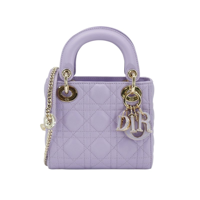 Dior Lady Dior Mini 籐格紋羊皮金釦迷你二用包(紫)-0
