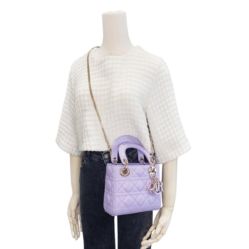 Dior Lady Dior Mini 籐格紋羊皮金釦迷你二用包(紫)-5