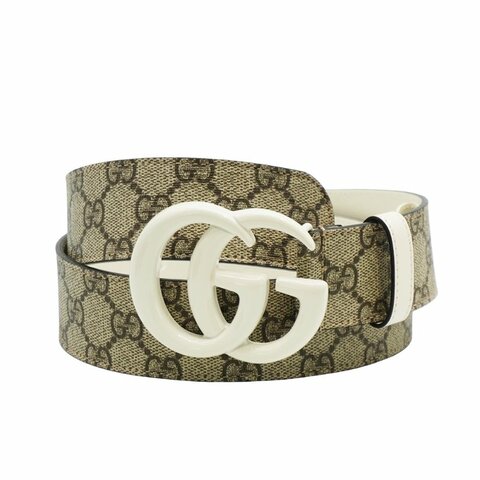 Gucci 雙G白logo皮革拚帆布皮帶#80(400593-咖)