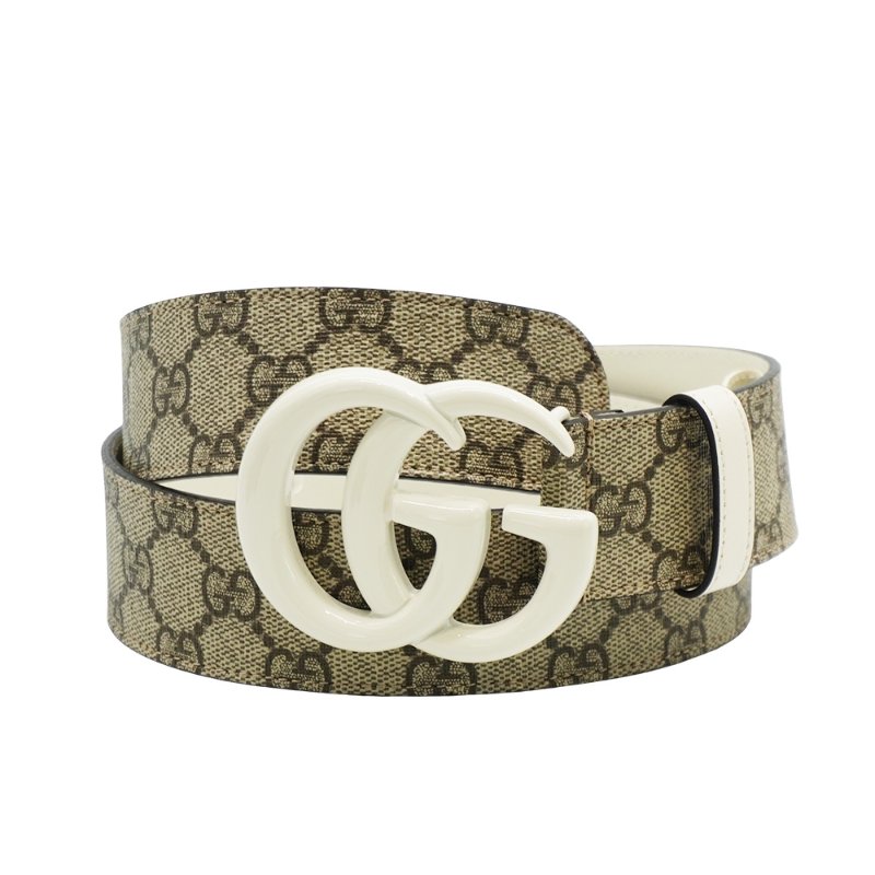Gucci 雙G白logo皮革拚帆布皮帶#80(400593-咖)-0
