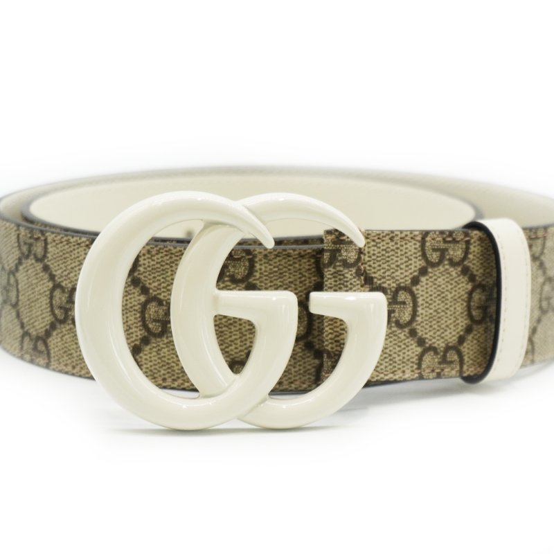 Gucci 雙G白logo皮革拚帆布皮帶#80(400593-咖)-1