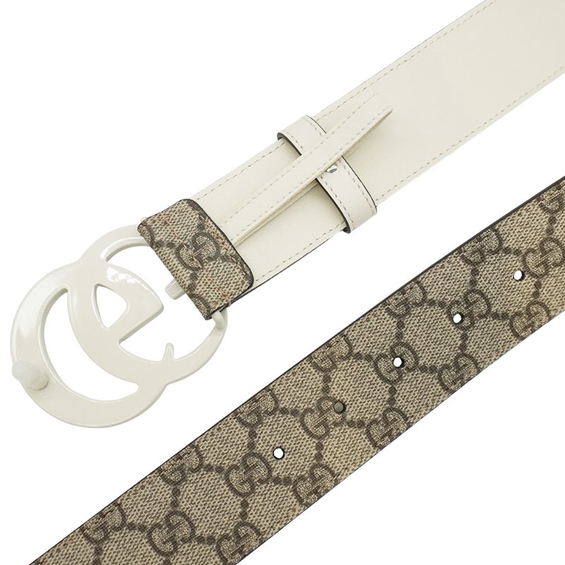 Gucci 雙G白logo皮革拚帆布皮帶#80(400593-咖)-3