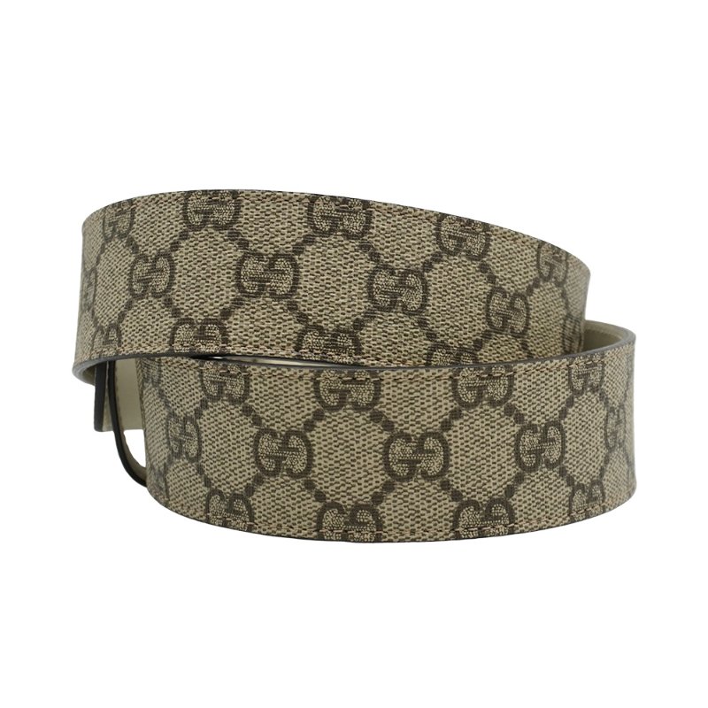 Gucci 雙G白logo皮革拚帆布皮帶#80(400593-咖)-4