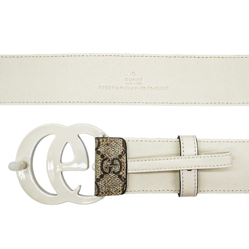 Gucci 雙G白logo皮革拚帆布皮帶#80(400593-咖)-5