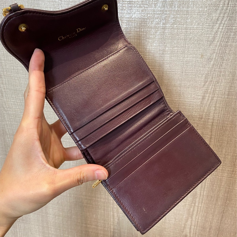 Dior 棗紅色緹花三折短夾-4