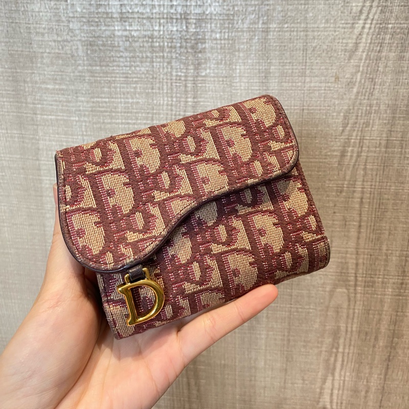 Dior 棗紅色緹花三折短夾-5