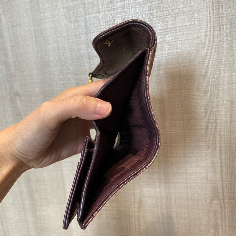 Dior 棗紅色緹花三折短夾-12