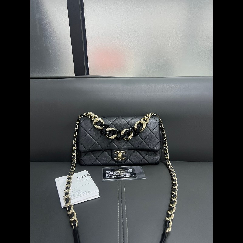 Chanel香奈兒 22c 黑金琺瑯粗鏈條 cf小號-5