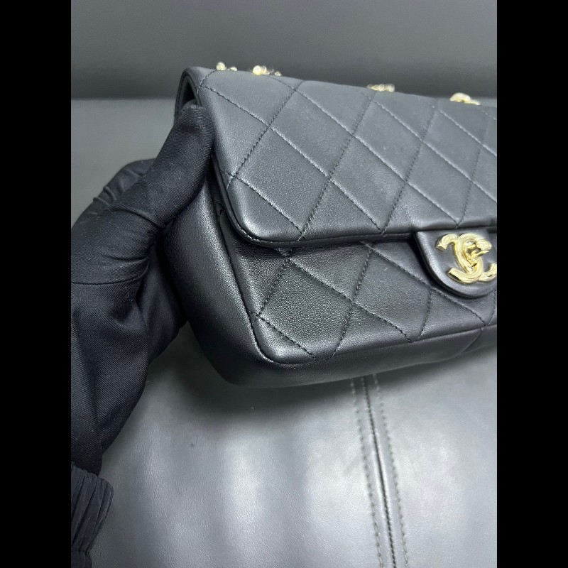 Chanel香奈兒 22c 黑金琺瑯粗鏈條 cf小號-11