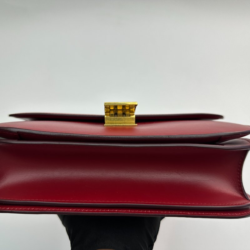 CELINE 經典 Box 純色通勤包 金色五金配件 拋光皮革 中號 紅色-4