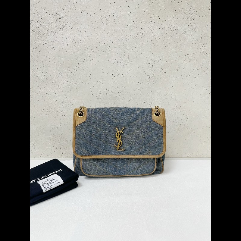 YSL聖羅蘭 牛仔拼棕色麂皮 新款D扣niki 中號-0