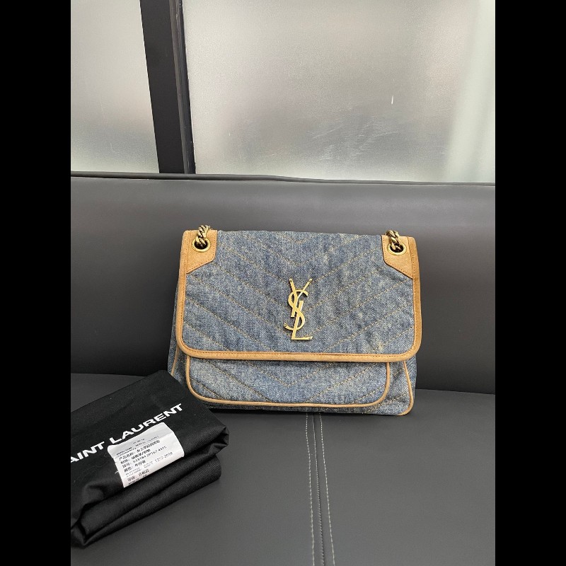 YSL聖羅蘭 牛仔拼棕色麂皮 新款D扣niki 中號-5