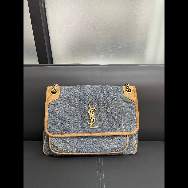 YSL聖羅蘭 牛仔拼棕色麂皮 新款D扣niki 中號-6