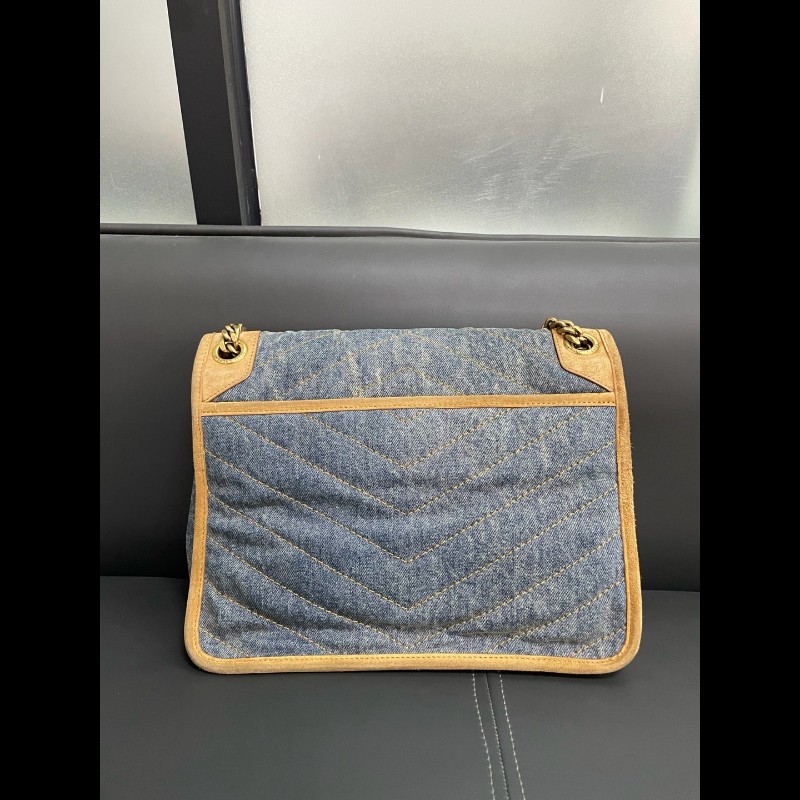 YSL聖羅蘭 牛仔拼棕色麂皮 新款D扣niki 中號-7