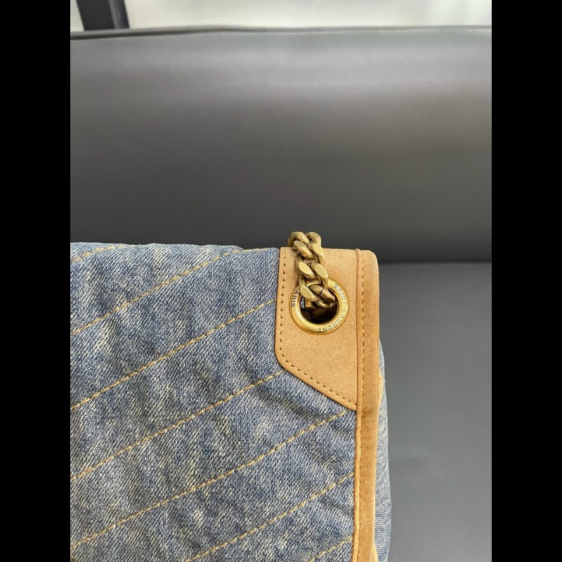 YSL聖羅蘭 牛仔拼棕色麂皮 新款D扣niki 中號-13