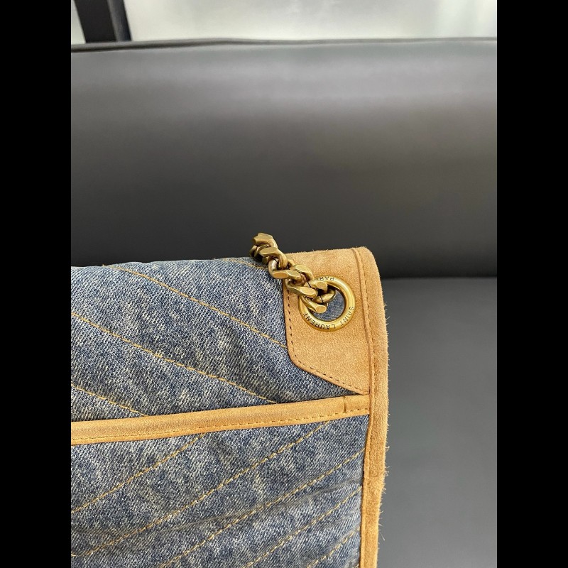 YSL聖羅蘭 牛仔拼棕色麂皮 新款D扣niki 中號-15