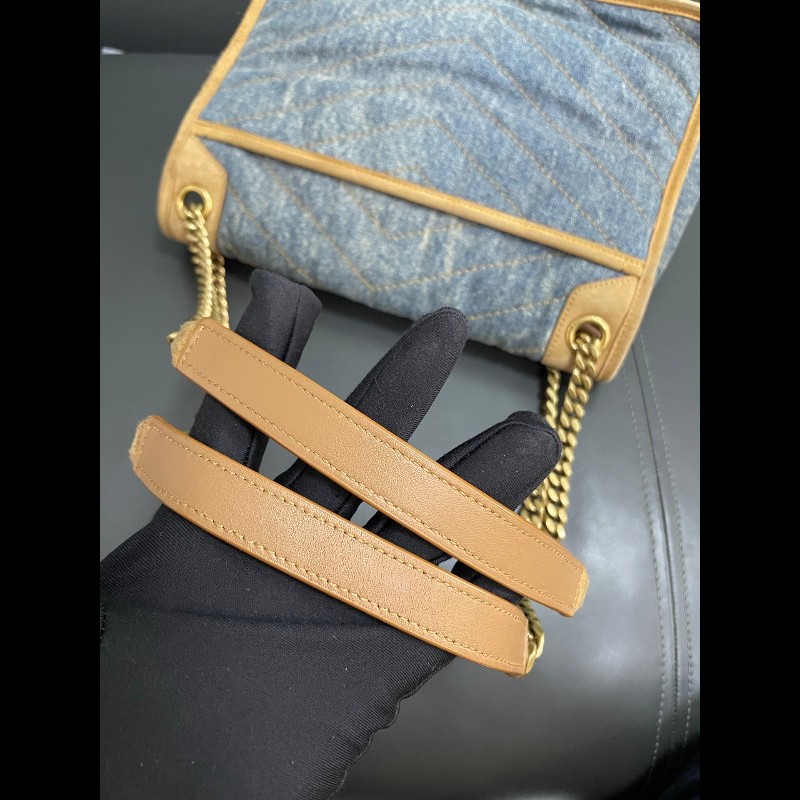 YSL聖羅蘭 牛仔拼棕色麂皮 新款D扣niki 中號-16