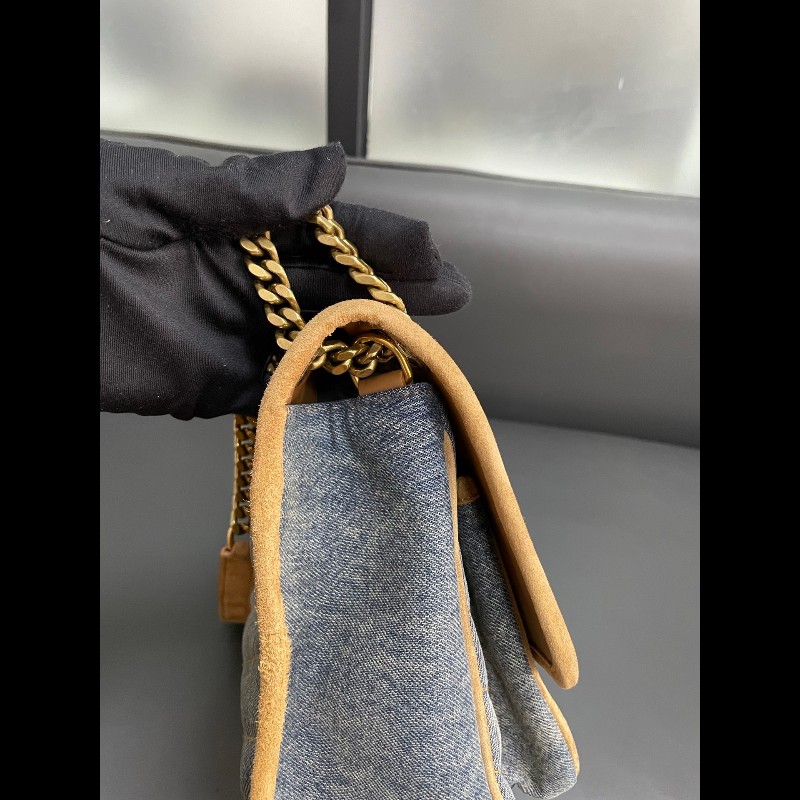 YSL聖羅蘭 牛仔拼棕色麂皮 新款D扣niki 中號-17