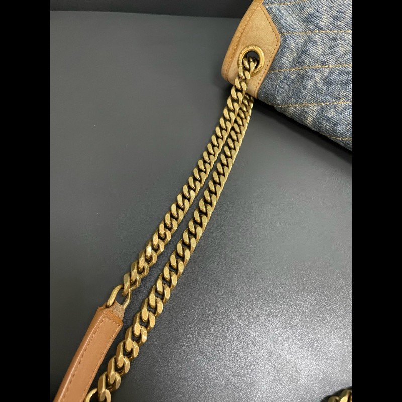 YSL聖羅蘭 牛仔拼棕色麂皮 新款D扣niki 中號-29