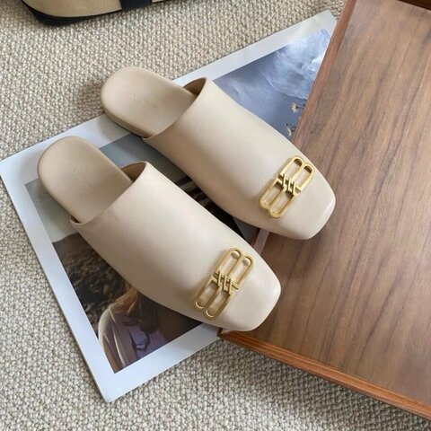 Balenciaga 米色金扣半拖鞋裸色奶茶色涼拖穆勒拖鞋 38號 全新配件塵袋