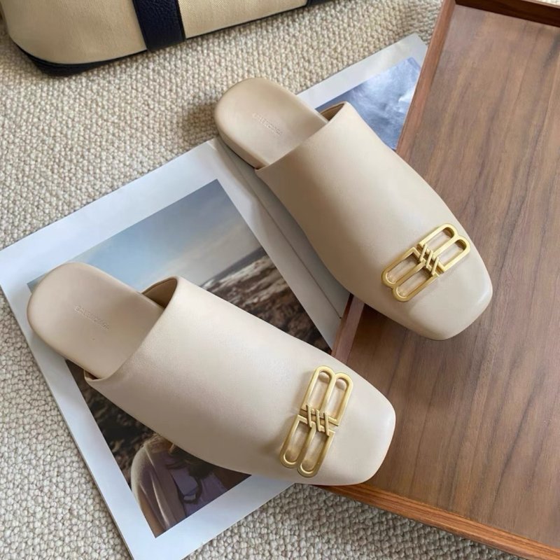 Balenciaga 米色金扣半拖鞋裸色奶茶色涼拖穆勒拖鞋 38號 全新配件塵袋-2