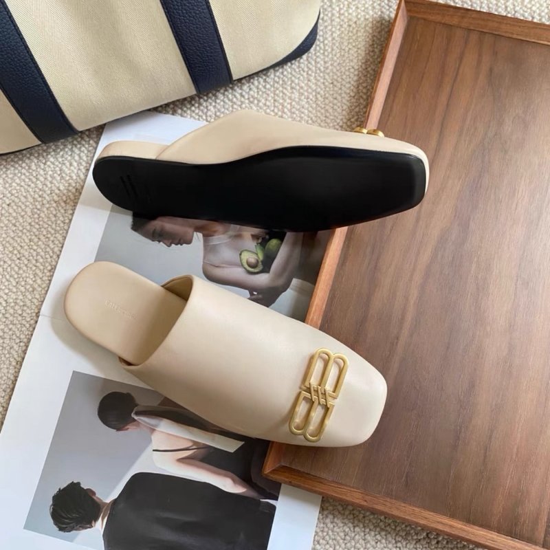Balenciaga 米色金扣半拖鞋裸色奶茶色涼拖穆勒拖鞋 38號 全新配件塵袋-3