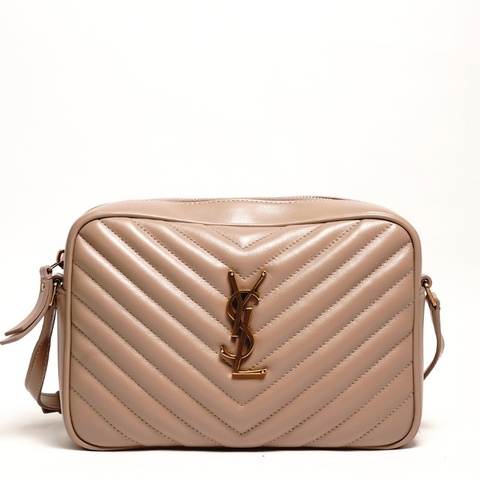 YSL 牛皮金釦山形紋拉鍊相機包（絕版品、奶茶色）