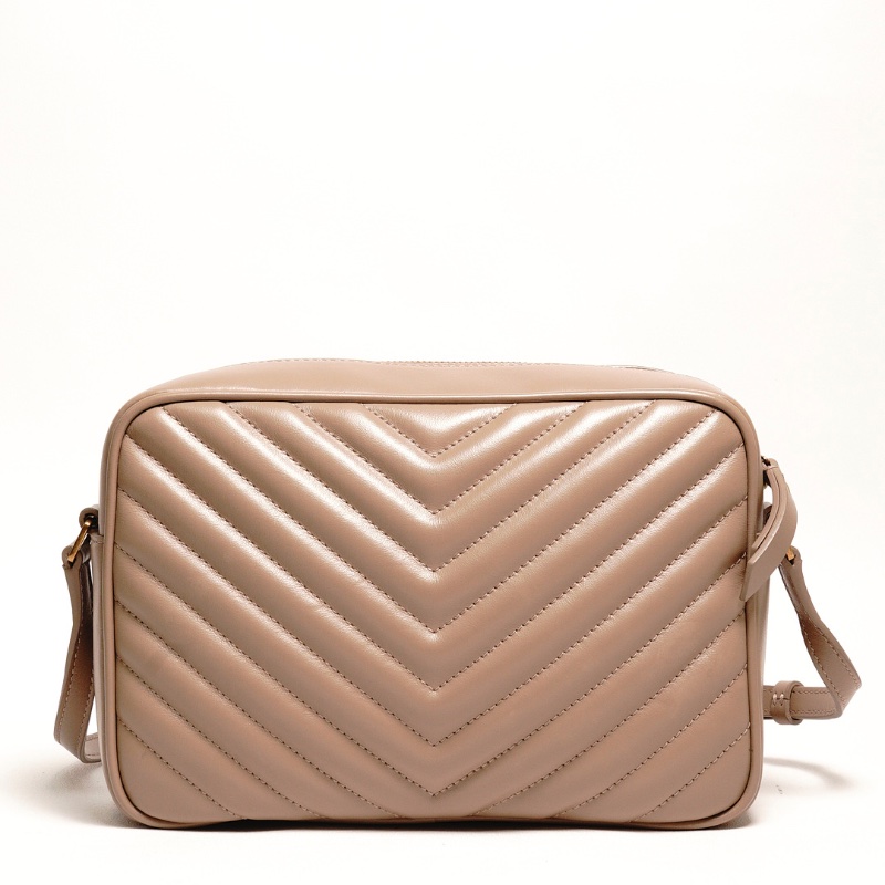 YSL 牛皮金釦山形紋拉鍊相機包(絕版品、奶茶色)-1